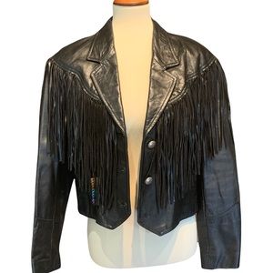 Black Vintage Pioneer Leather Moto Biker Jacket w/ Fringe